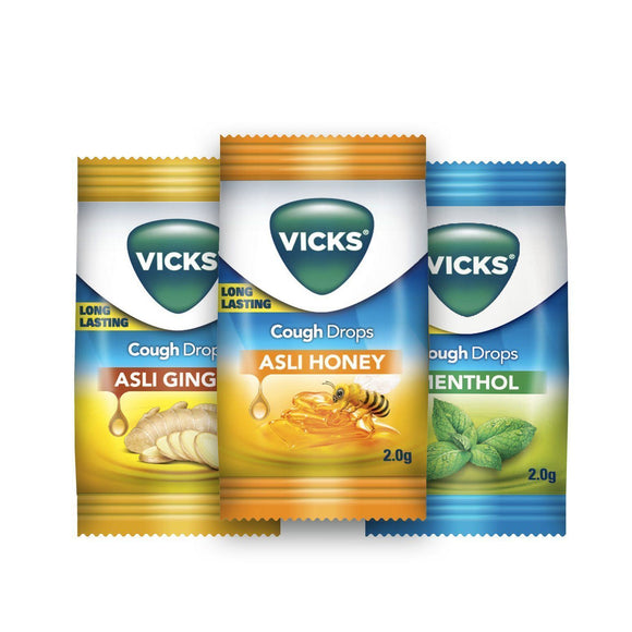 Vicks Cough Drops 3 flavors menthol, honey & ginger - 30 Pcs(10 Pcs Each Falvor)new